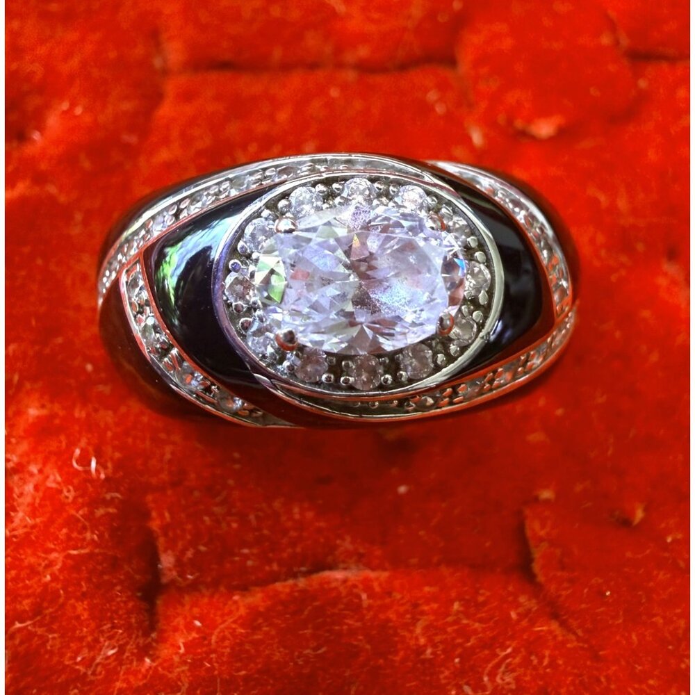 Hidalgo Size 8 Sterling Silver Ring With Black Enamel & Clear CZ Stones